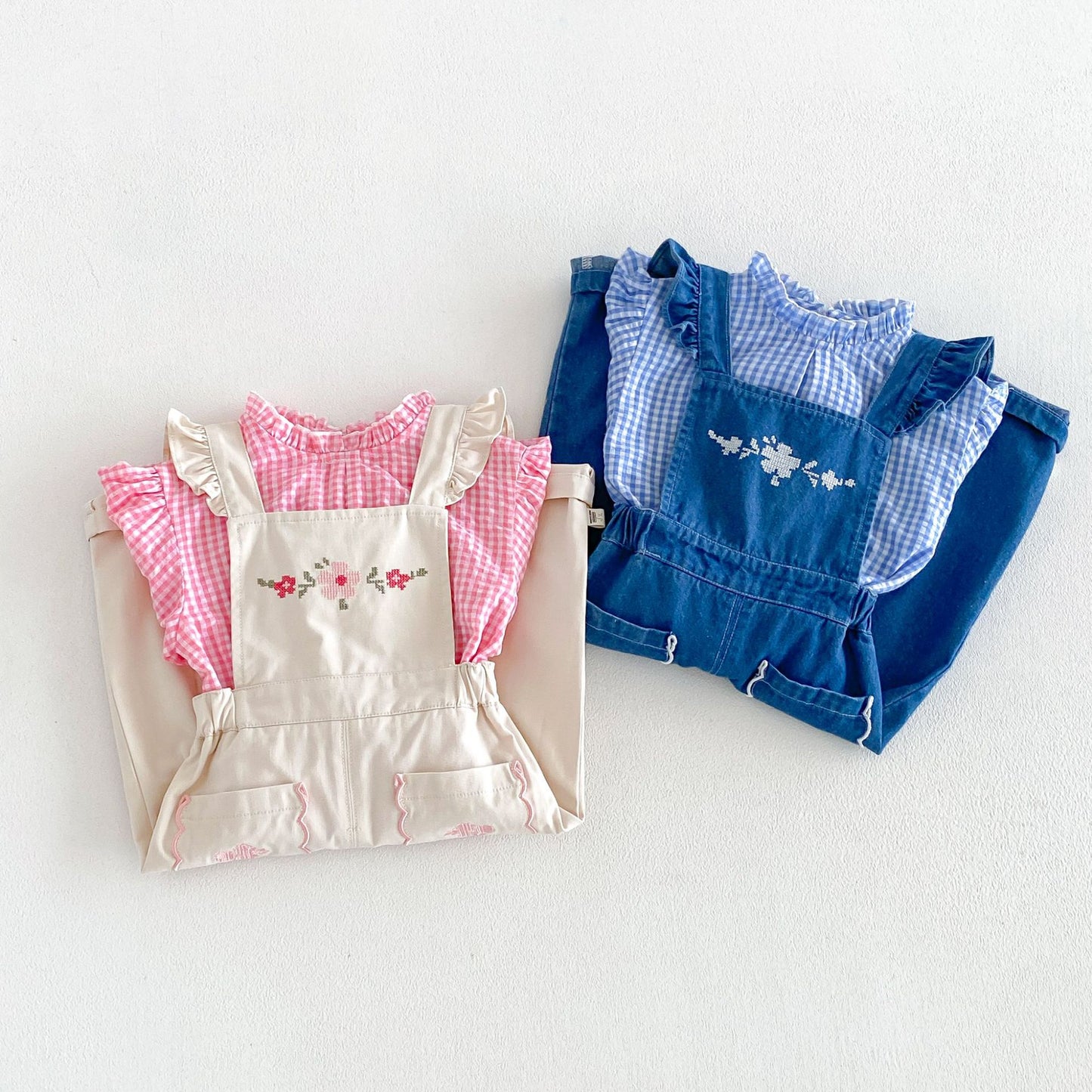Blusa de manga larga con estampado de cuadros vichy para niños, con bordado floral y peto con pantalón [mh0014043]