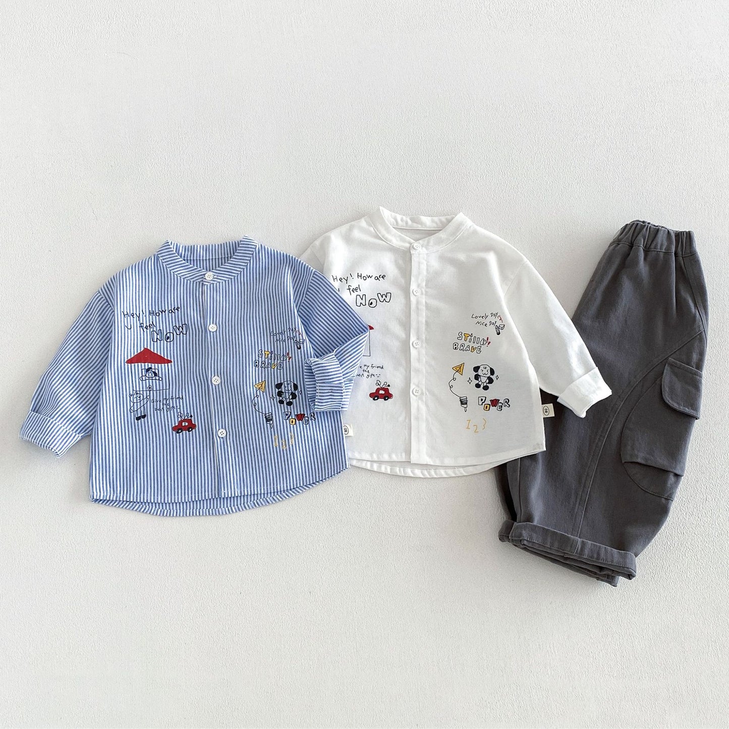 Camisa de manga larga con cuello alto, estampado de rayas y pantalón cargo para niños【mh0014028】