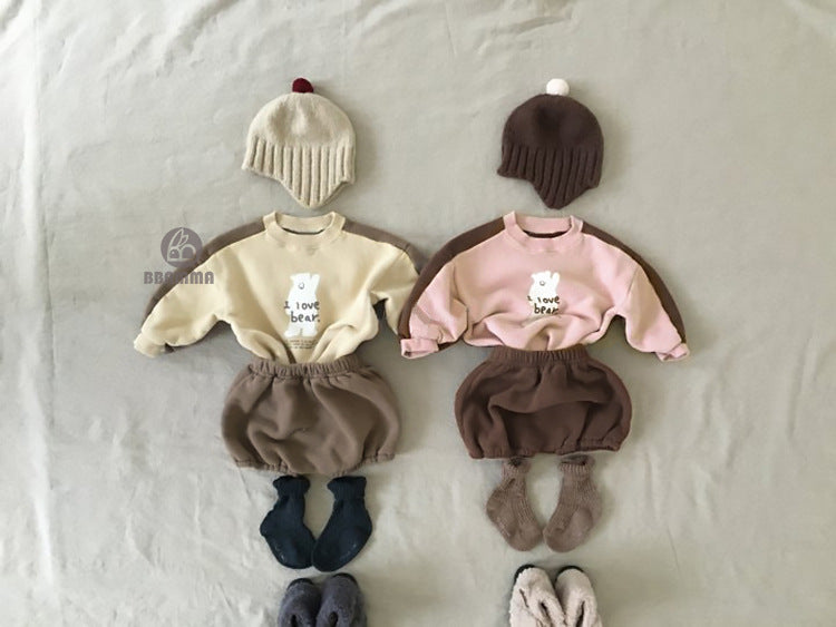 Bear Fleece Sweatshirt & Shorts Set クマ プリント 裏起毛 セットアップ【mh0012681】