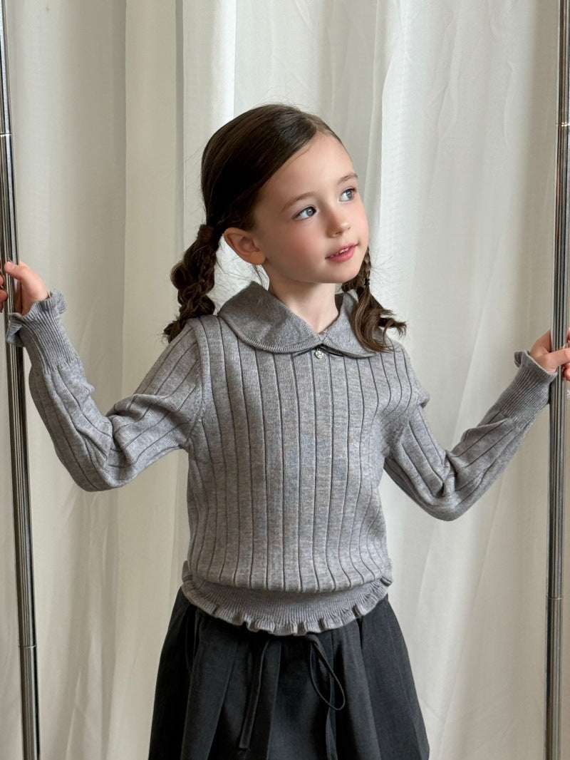 Kids' Ribbed Knit Round Neck Long-Sleeve Pullover with Frills