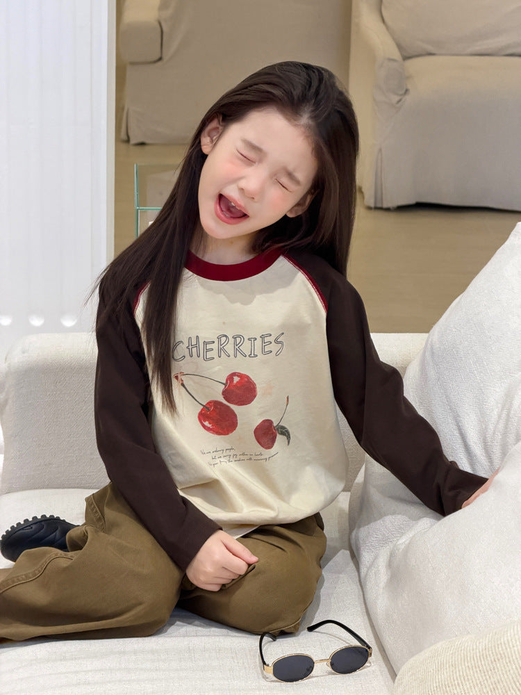 キッズ ジュニア 配色 バイカラー ラグラン プリント 長袖Tシャツ【mh0014416】