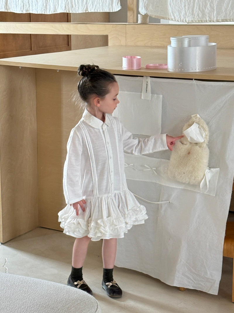 Kids' Ruffled Pintuck Front Button Long-Sleeve Shirt Dress