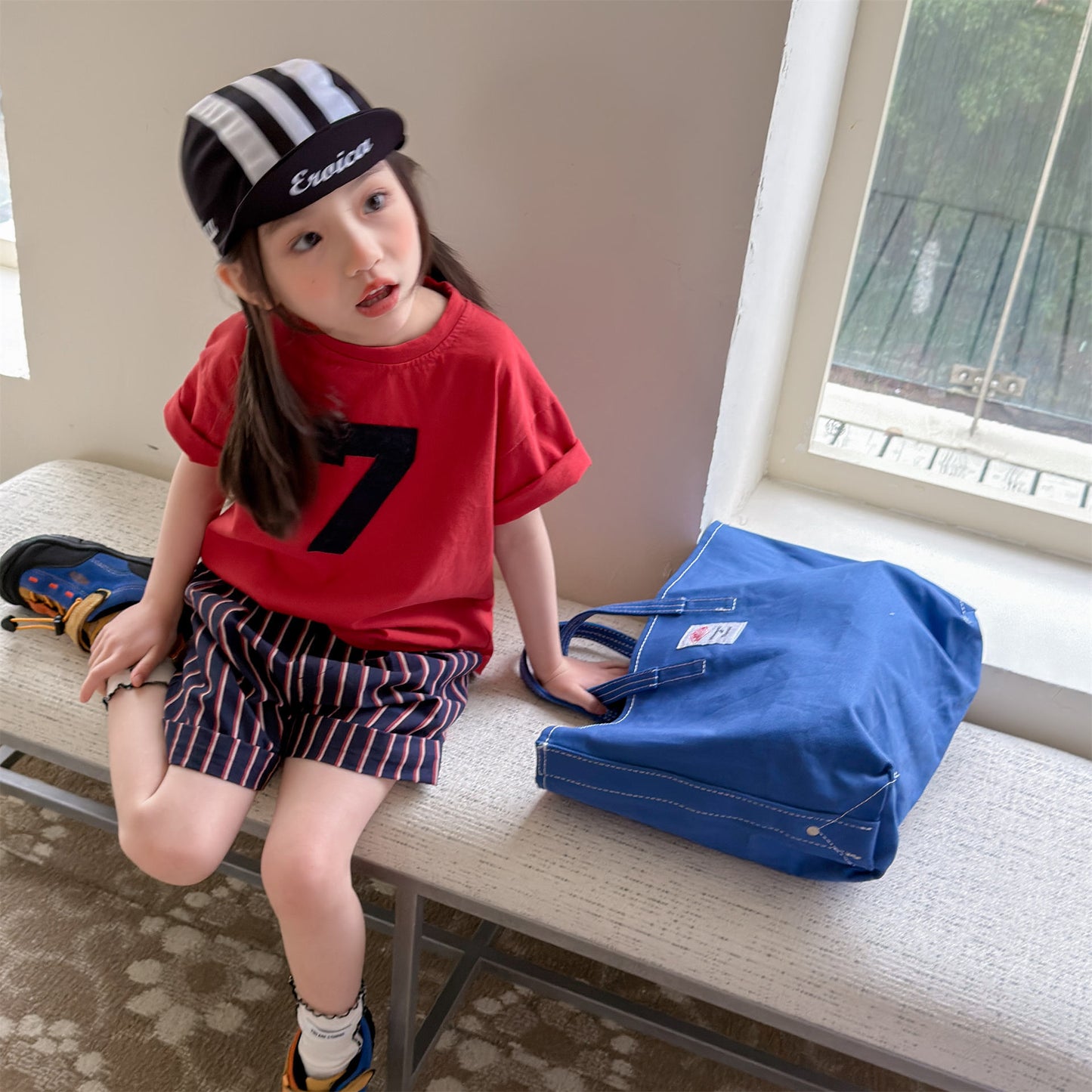 Navy Red Stripe Cotton Shorts ストライプ ショートパンツ【mh0012664】