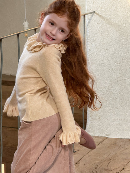 ニットトップス ラッフル襟 フリル袖 ハイネック シンプル 長袖【mh0011627】