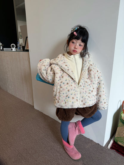 Children's 2026 Girls' Floral Lamb Shearling Hooded Jacket, Thickened Cotton-Padded Children's Coat, Warm Zipper Jacket【mh0014699】