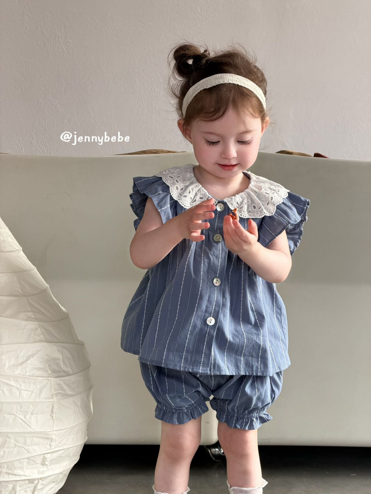 Lace Collar Stripe Cotton Set