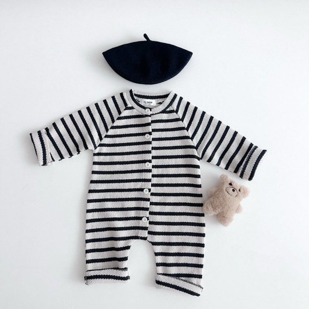 Body de bebé de punto canalé a rayas con botones frontales y manga larga【mh0014649】