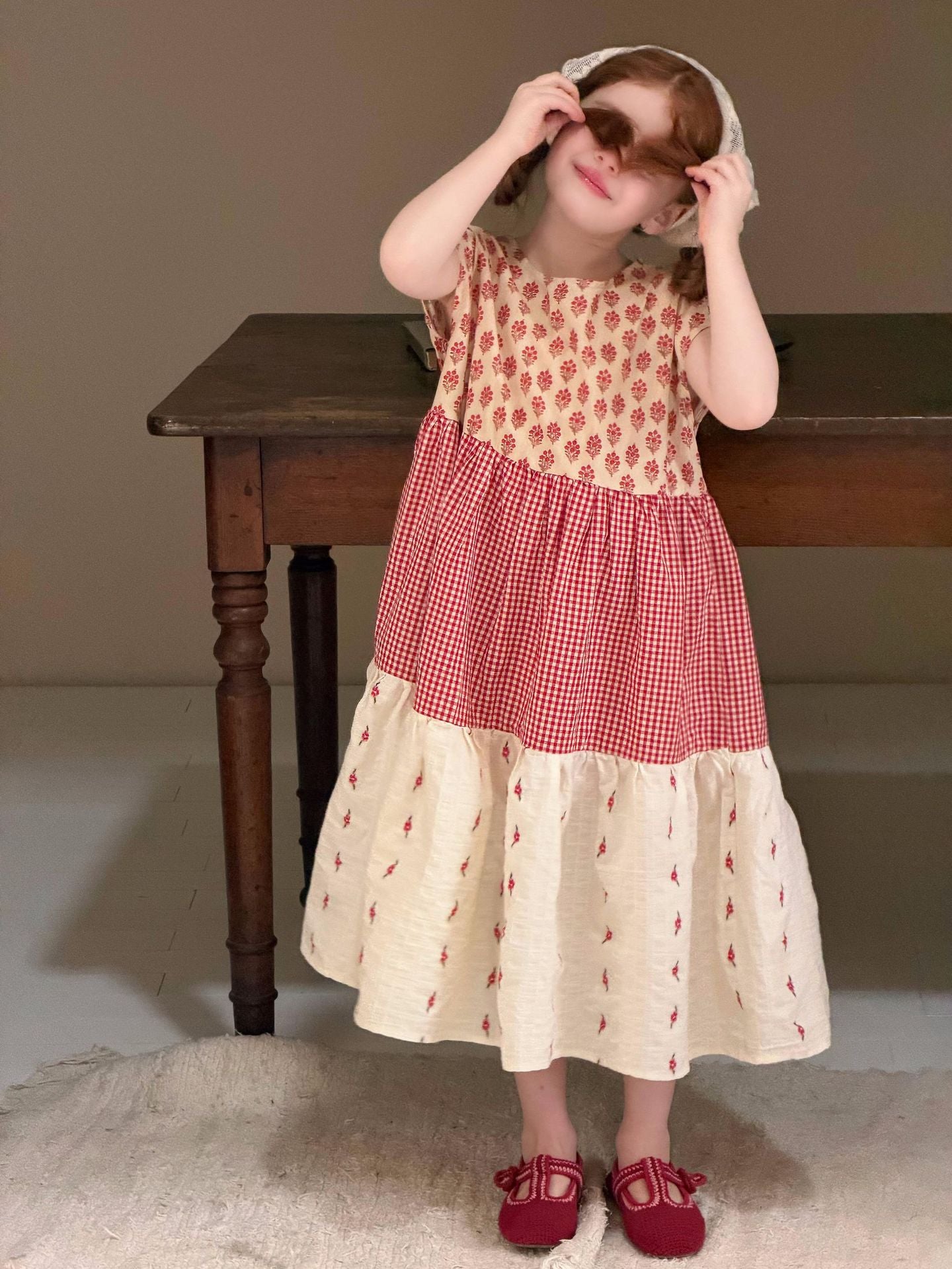 Gingham Floral Tiered Dress 花柄 ギンガム 半袖ワンピース【mh0012873】