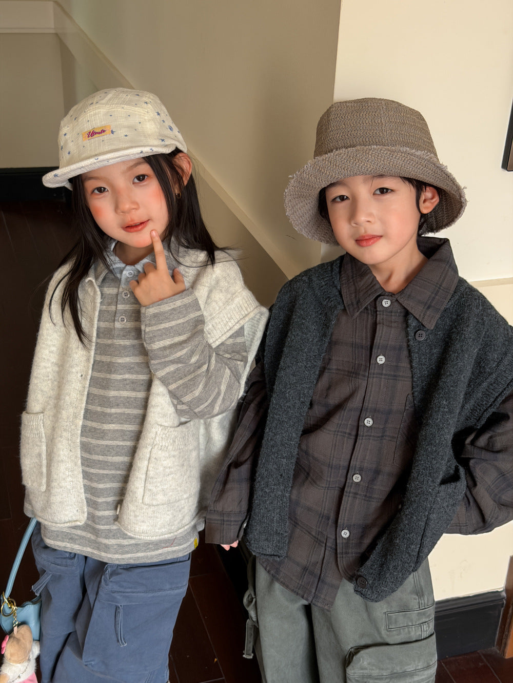 キッズ ジュニア チェック柄 ルーズ バックプリント 長袖 シャツ【mh0014374】