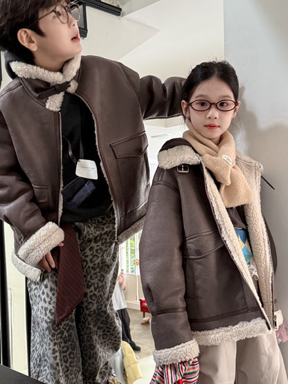 フェイクムートンジャケット キッズ ボア 厚手 ラペル フェイクレザー アウター【mh0011677】