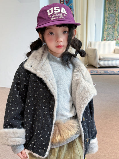 Chaqueta abrigo infantil juvenil con estampado floral, forro polar y cuello mao【mh0014687】