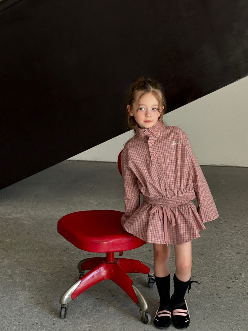 Kids' Plaid Stand-Collar Ruffled Long-Sleeve Shirt and Miniskirt Set [mh0014078]