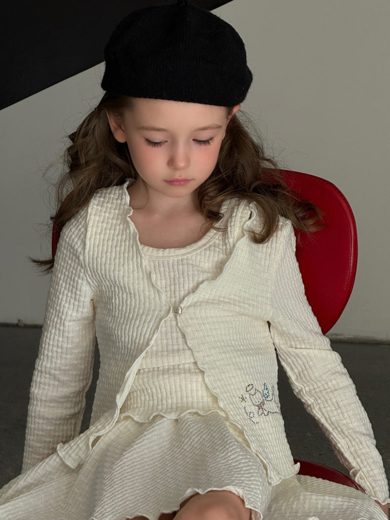 Kids' Mellow Frill Waffle Knit Long-Sleeve Cardigan, Camisole, and Flare Skirt Set [mh0014077]