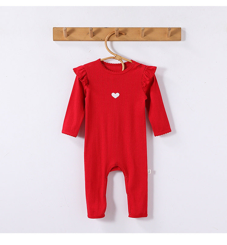 長袖ロンパース コットン フリル 刺繍 リブ カバーオール【mh0011699】