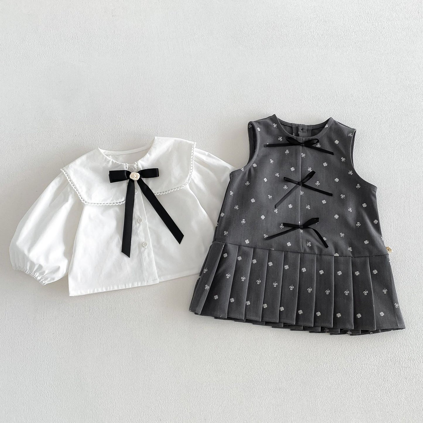 Camisa de manga larga con cuello grande y lazo, y pichi para niños [mh0014034]