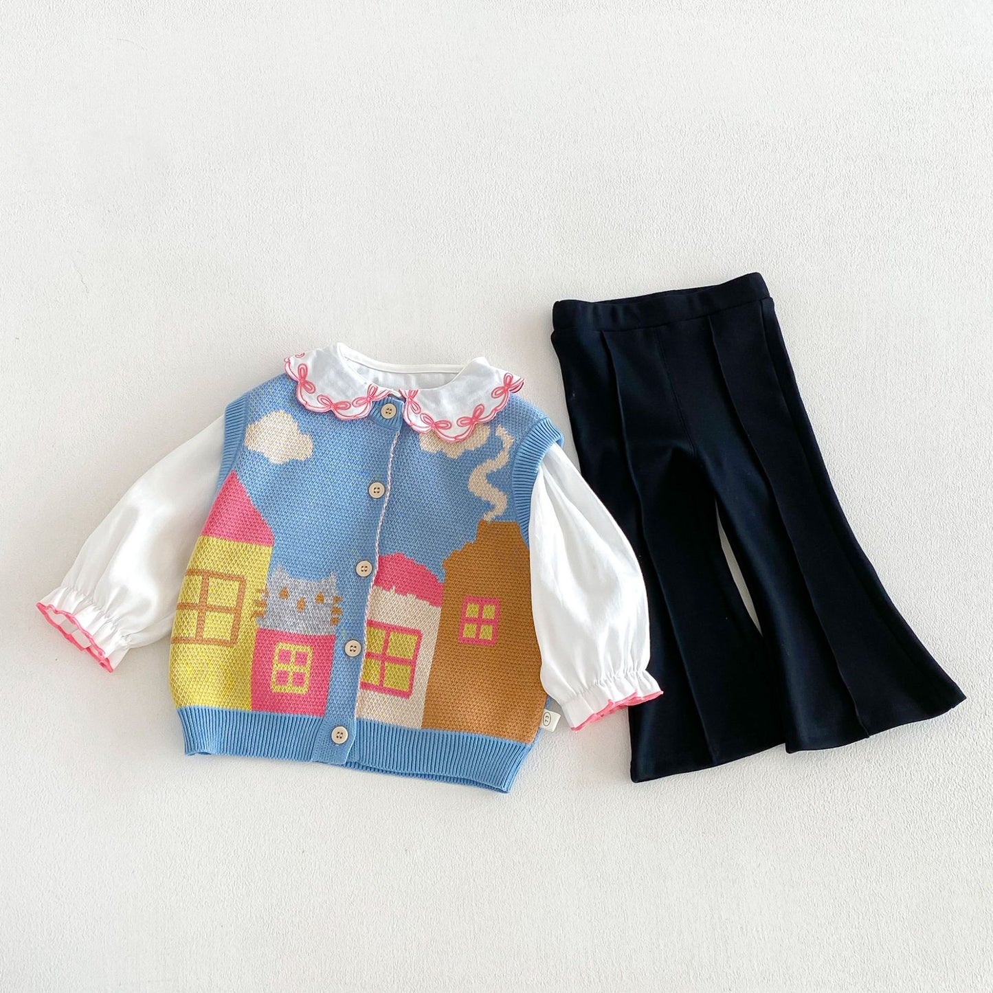 Chaleco de punto jacquard con motivo de casa para niños, cuello con volantes, blusa de manga larga y pantalones acampanados【mh0014046】