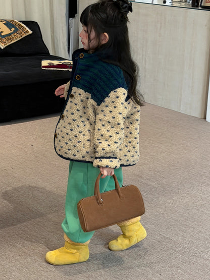 Mo Xiao Meng Children's Wool Sweater 2026 Winter Girls' Korean Color-Block Patchwork Sherpa Jacket Children's Thickened Cotton Jacket【mh0014694】