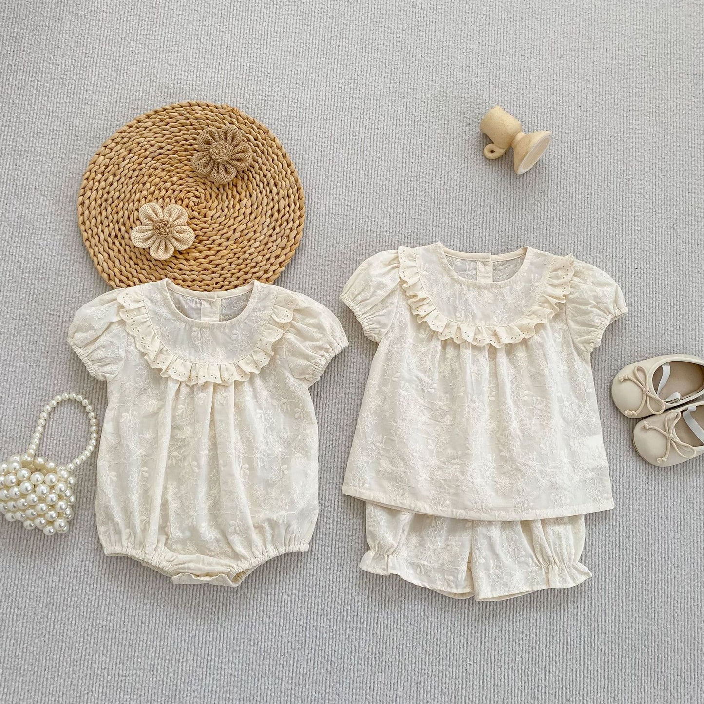 Embroidered Ruffle Romper And Blouse Shorts フリル ロンパース ブラウス ショートパンツ【mh0013163】