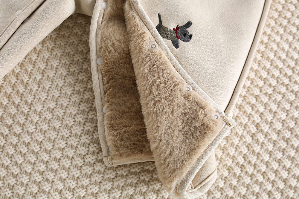 アウタージャンプスーツ 犬刺繍 ボア襟 フェイクムートン カバーオール【mh0011694】