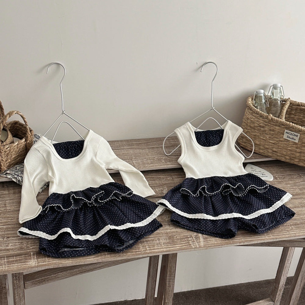 Baby Kids Polka Dot Ribbed Long Sleeve T-Shirt and Culottes Set