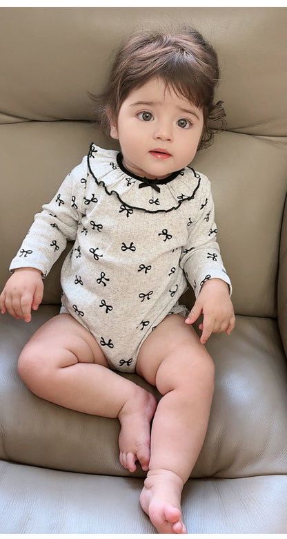 長袖ロンパース ラッフル襟 リボンプリント ボディスーツ【mh0011728】