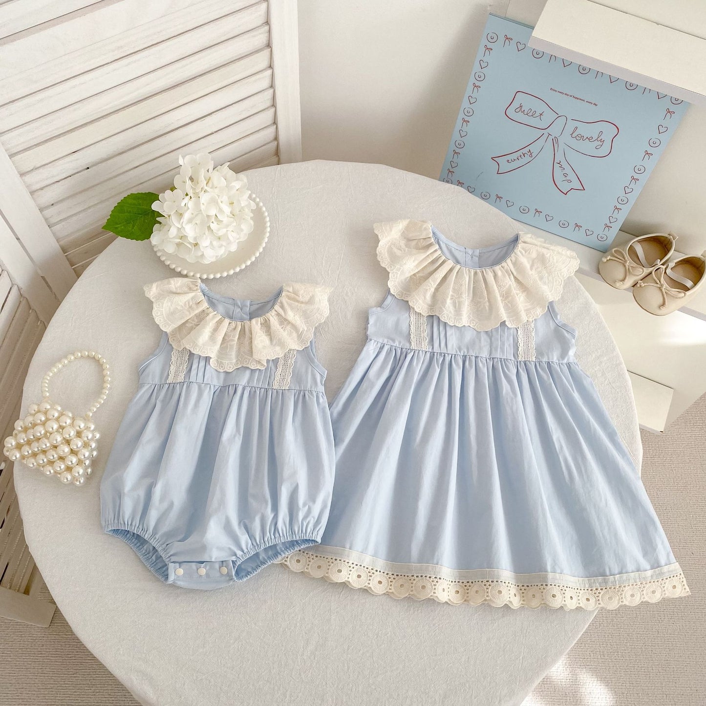 Vestido midi tipo pelele con cuello de encaje con volantes【mh0013162】