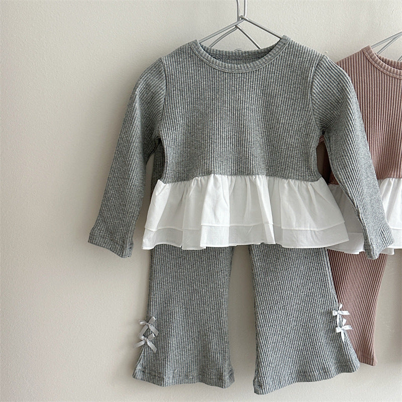 Conjunto de camiseta de manga larga acanalada con volantes y lazo para niña y pantalón acampanado【mh0014151】