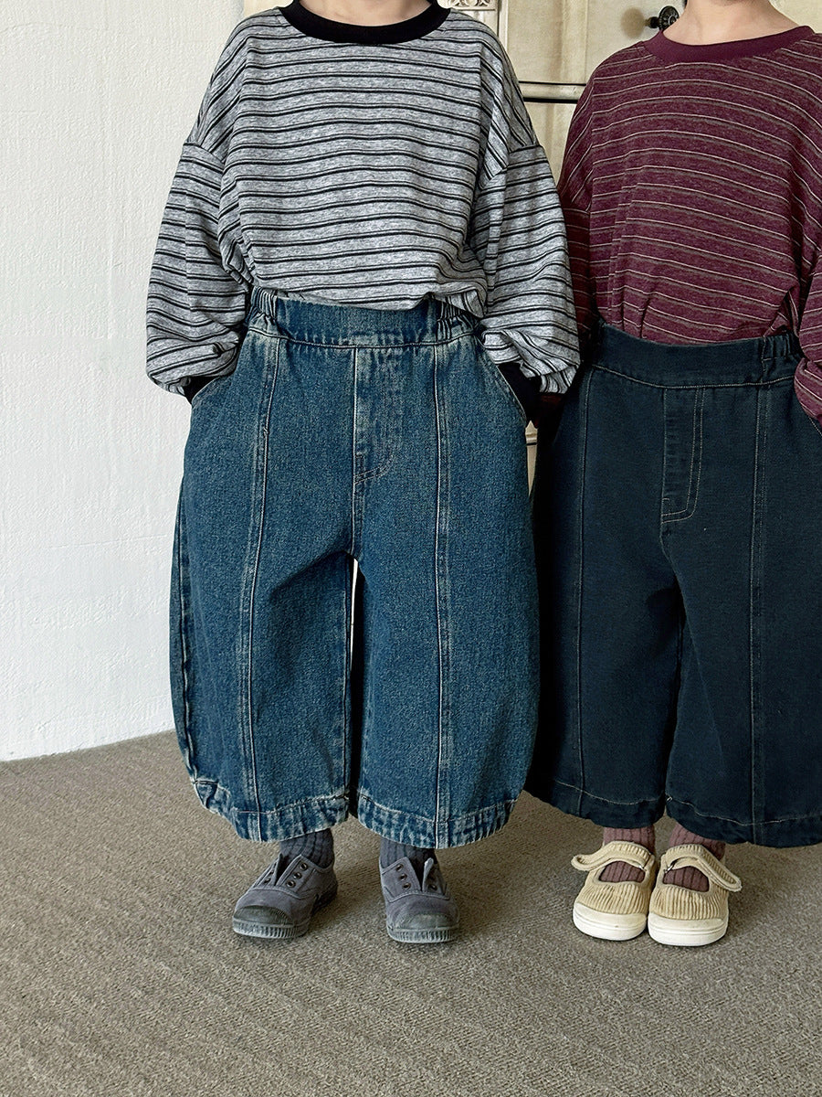 キッズ パッチワーク ウォッシュ ワイド ルーズ クロップド デニムパンツ【mh0014299】