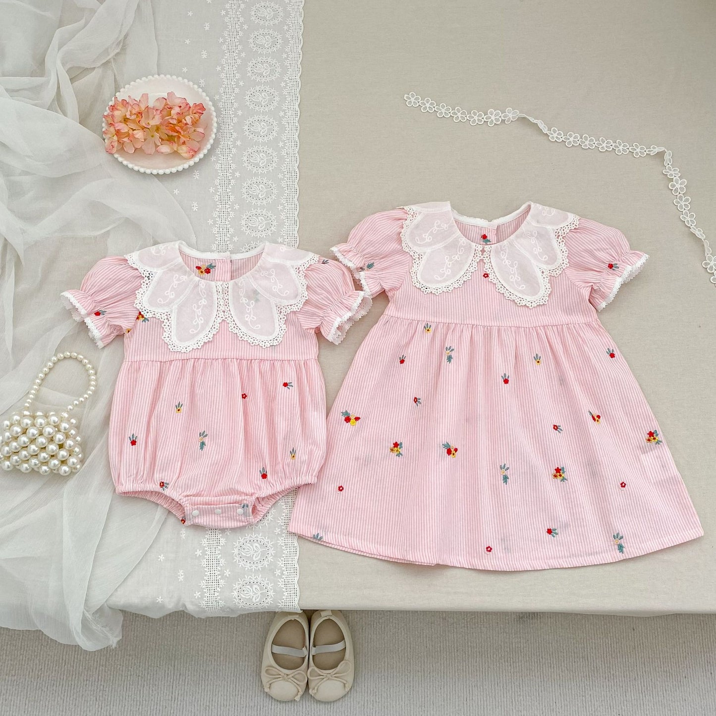 Stripe Embroidery Romper Dress Mono-vestido con bordados de rayas [mh0013168]