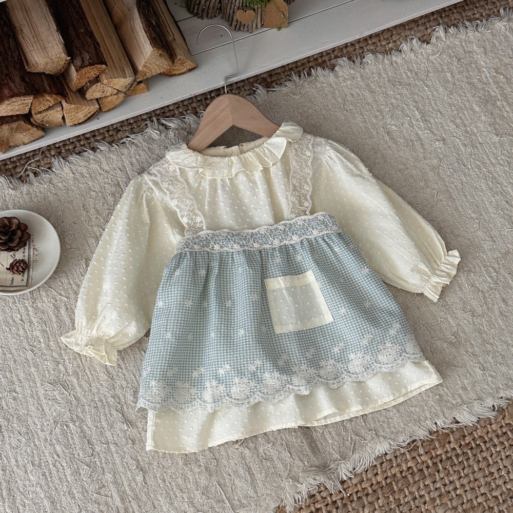 Vestido de manga larga para bebé y niña con cuello con volantes, jacquard, estampado de cuadros vichy y vestido tipo camisola con encaje 【mh0014482】