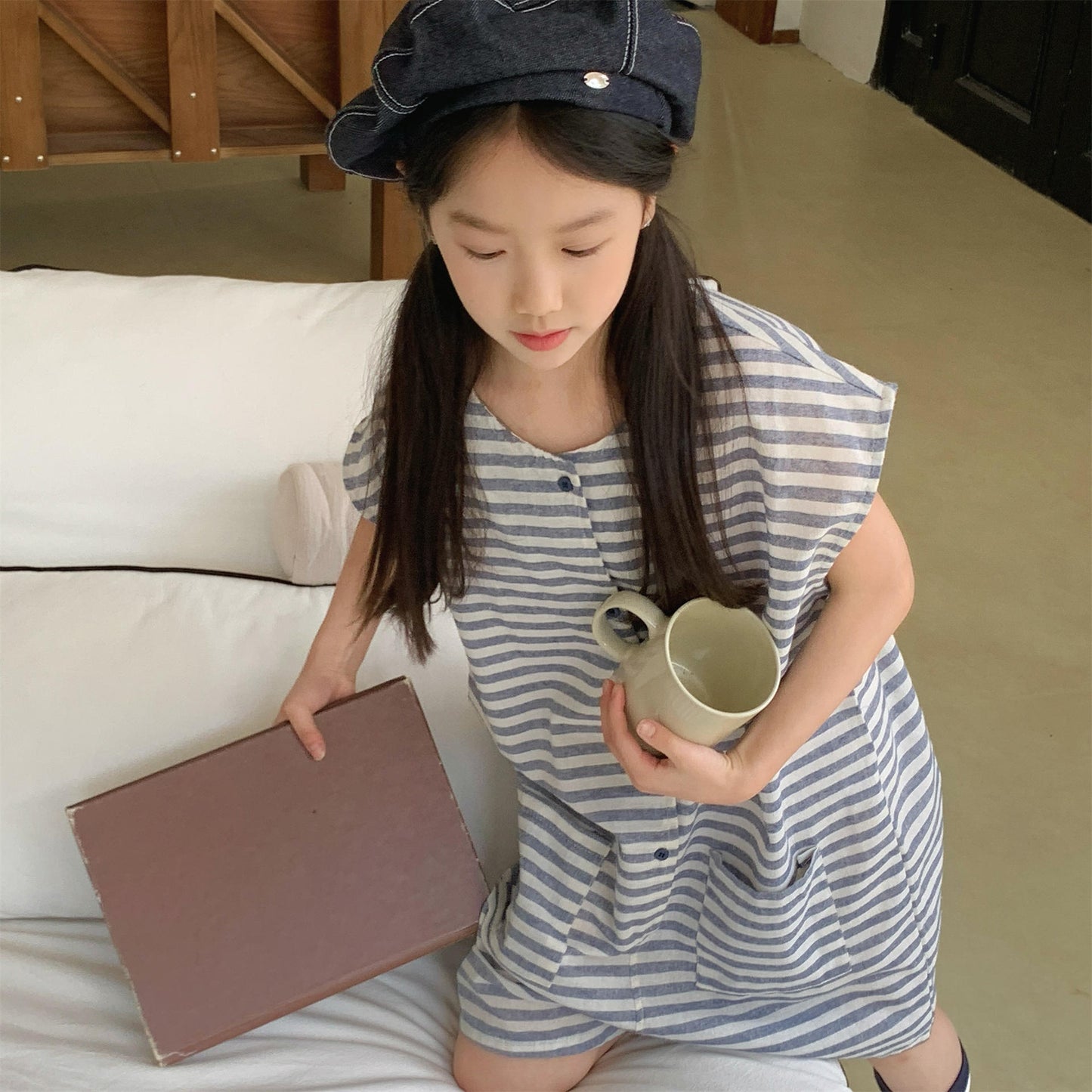 Striped Sleeveless All-in-one ボーダー ノースリーブジャンプスーツ【mh0013219】