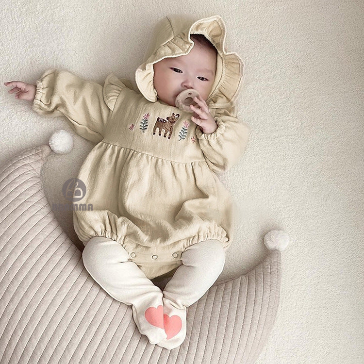 Fawn Embroidered Ruffle Bodysuit 小鹿 刺繍 フリル 長袖ロンパース【mh0012696】