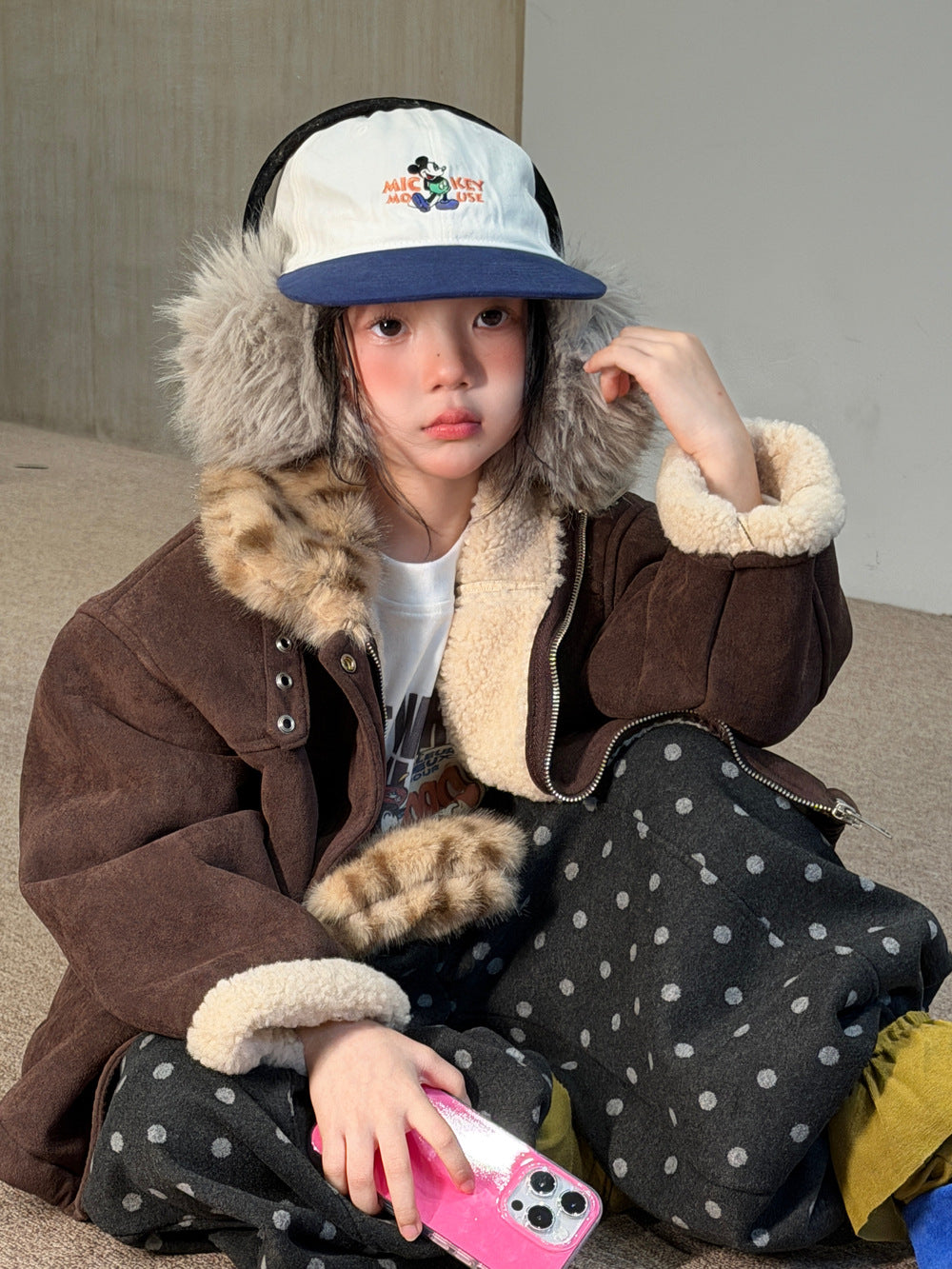 Chaqueta de antelina con cuello de pelo de leopardo y pantalones largos de lunares para niños y jóvenes 【mh0014693】