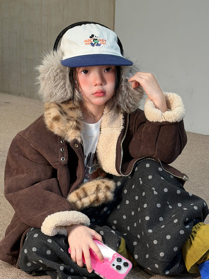 Chaqueta de antelina con cuello de pelo de leopardo y pantalones largos de lunares para niños y jóvenes 【mh0014693】