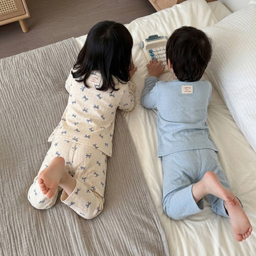 ベビー キッズ プリント リブ 長袖 Tシャツ ストレートパンツ パジャマ ルームウェア セット【mh0014408】