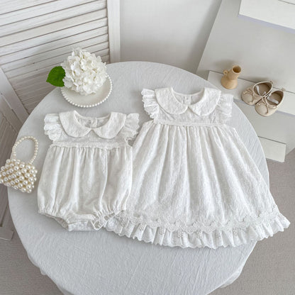 Lace Trim Doll Collar Romper Dress ラッフル ロンパース ミモレ丈ワンピース【mh0013160】
