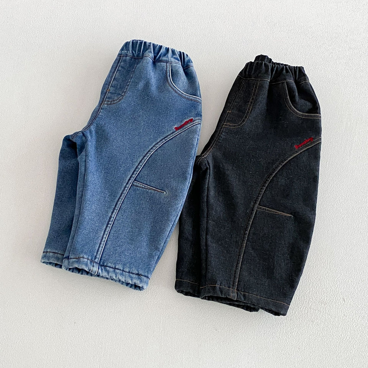 キッズ ステッチ切替 刺繍 デニム 裏起毛 カーブ ロングパンツ【mh0014764】