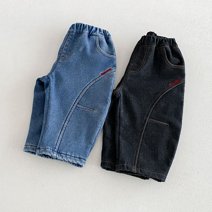 キッズ ステッチ切替 刺繍 デニム 裏起毛 カーブ ロングパンツ【mh0014764】