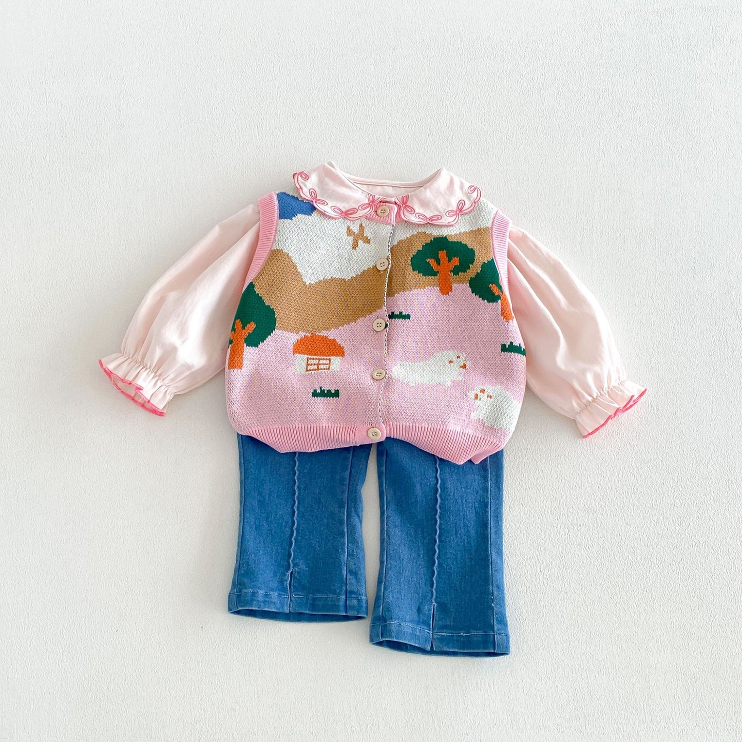Chaleco de punto jacquard para niños, camisa de manga larga con volantes, pantalones vaqueros【mh0014038】