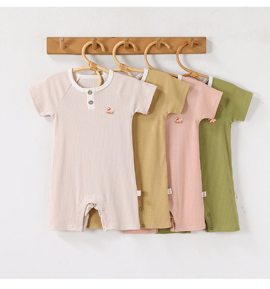 Henley Neckline Short Sleeve Modal Romper ワンポイント 刺繍 半袖ロンパース【mh0012781】