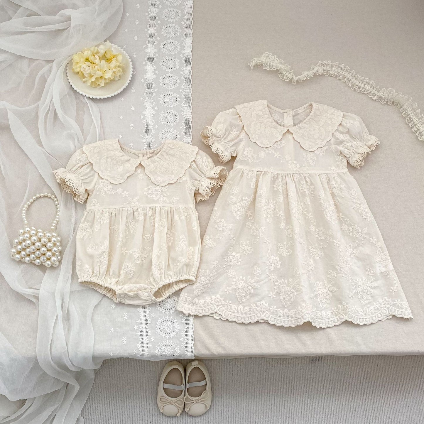 Embroidered Puff Sleeve Romper And Dress 刺繍 パフスリーブ ロンパース ワンピース【mh0013166】