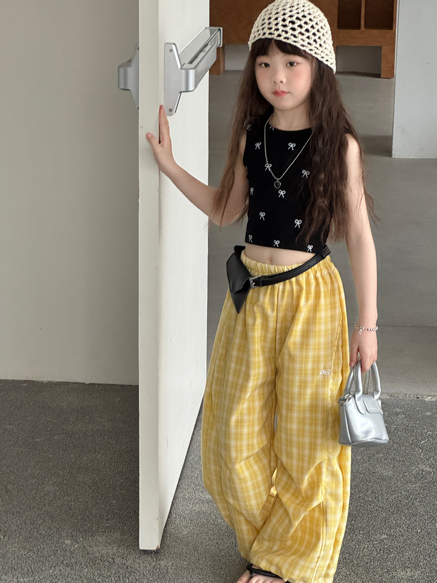 Ribbon Print Crop Top リボン ノースリーブTシャツ【mh0013064】
