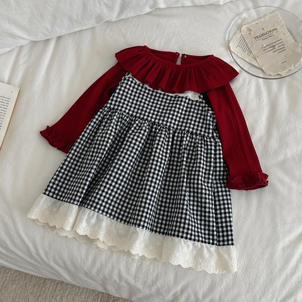 Vestido camisero de tirantes para bebé y niña con estampado de cuadros vichy, cuello con volantes, acabado en ondas y detalle de encaje, incluye camiseta de manga larga 【mh0014481】