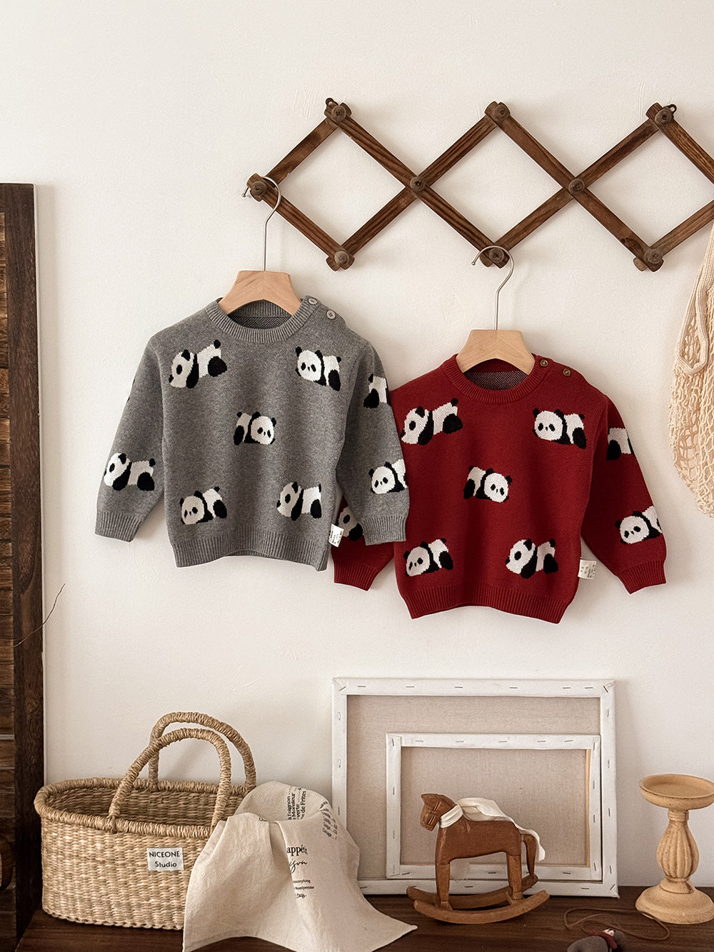 ニットセーター パンダ柄 厚手 クルーネック カジュアル トップス【mh0011691】