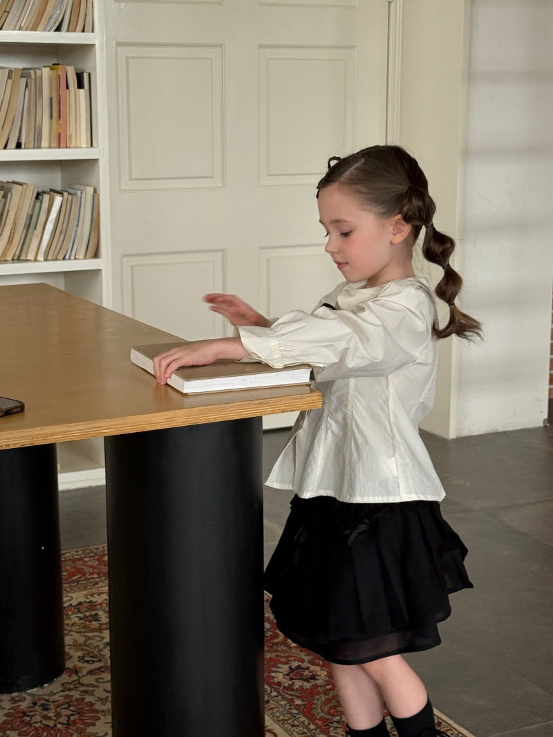 Kids' Peter Pan Collar Long-Sleeve Blouse with Front Ribbon and Pintucks [mh0014070]