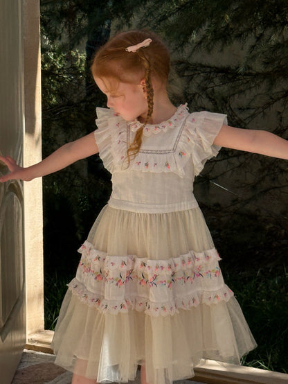 Vintage Patchwork Mesh Dress フラワー刺繍 フリルスリーブワンピース【mh0013264】