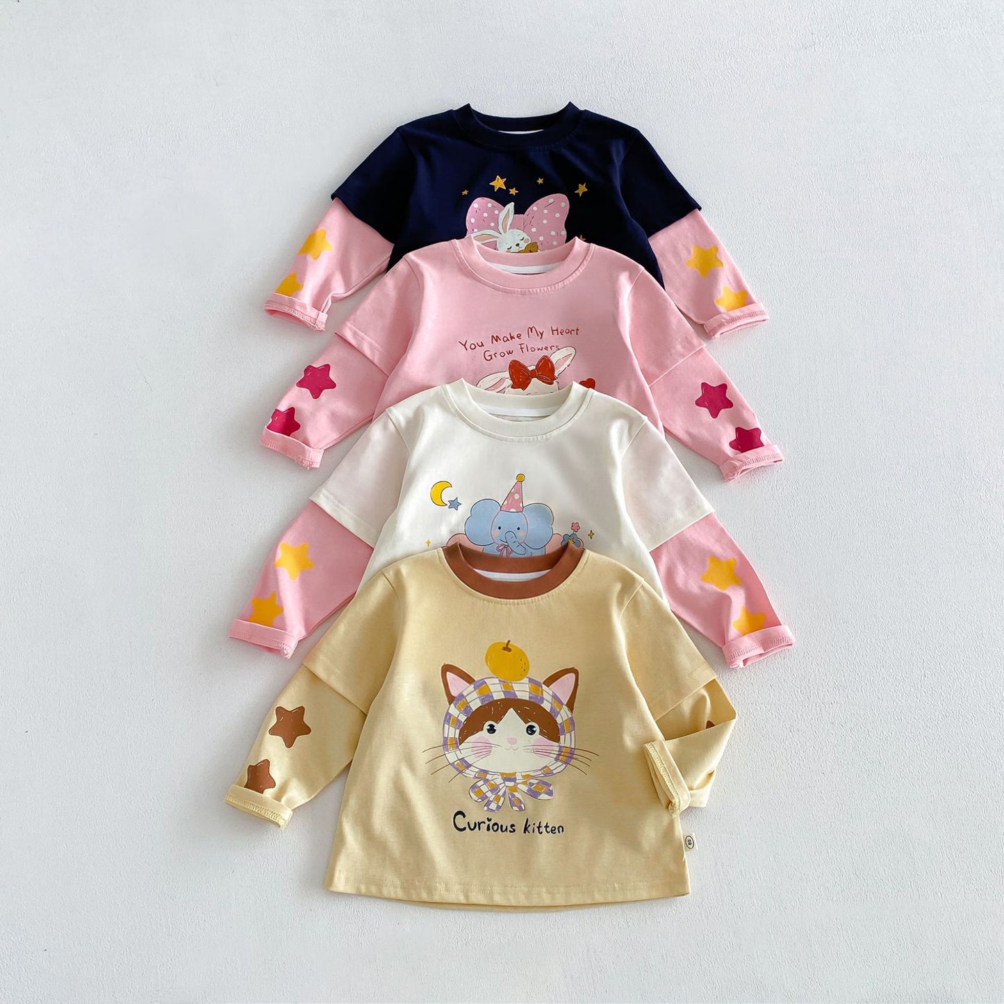 Camiseta de manga larga efecto doble capa con personajes infantiles para niños【mh0014041】