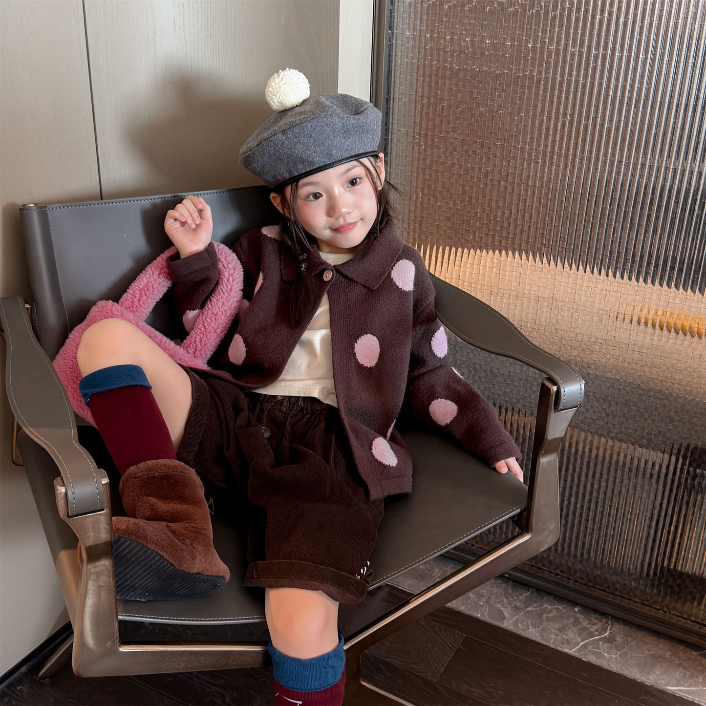 Kids' Polka Dot Collared Button-Up Long-Sleeve Knit Cardigan [mh0014056]