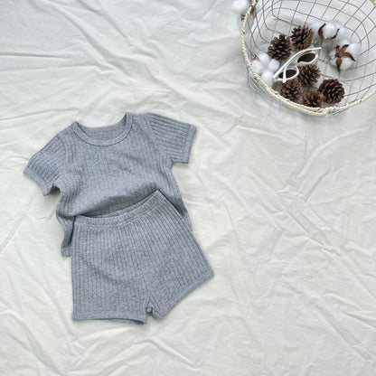 Textured Solid Color Set Short Sleeve T-Shirt and Shorts 【mh0012899】