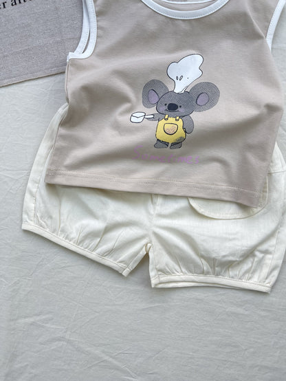 Conjunto de camiseta sin mangas y pantalones cortos con gráfico de Koala Chef | Set de camiseta sin mangas y pantalones cortos de animales【mh0012924】